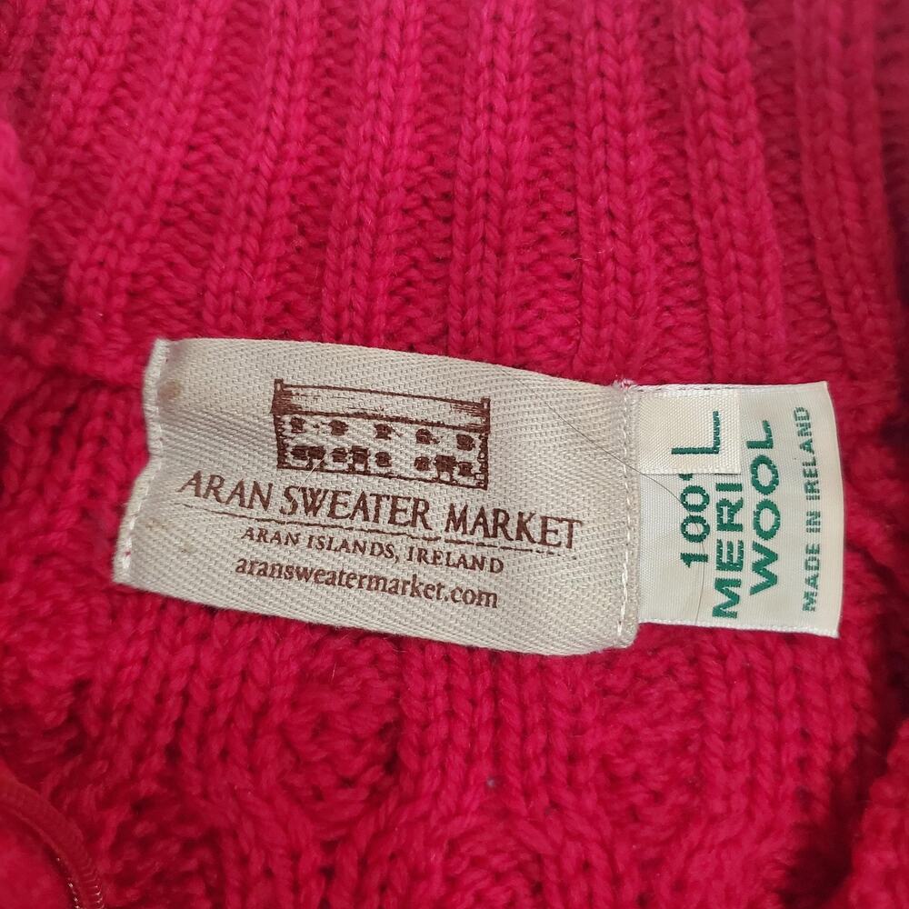 Aran Sweater Market Sweater Cardigan Womens Large Red Merino Wool Cable Zip - Picture 3 of 6